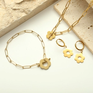 Elegant 18k gold plated stainless steel flower pendant jewelry set with paperclip chains