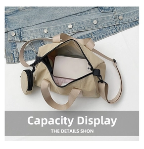 Interior view of beige nylon crossbody bag showing large capacity and brand label