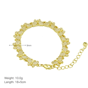 Detail of gold butterfly bracelet with zircons showing 18+5cm length and clasp