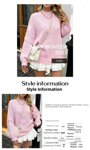Pink high neck sweater detail with white tiered hem and polyester fabric specifications