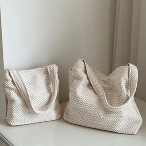 Rice-pattern woven knit tote bag set in cream beige featuring high-quality texture