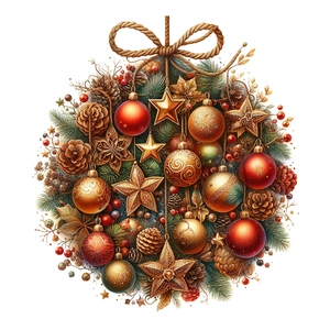 Christmas wall decal with red gold baubles, pine cones and green pine needles decoration