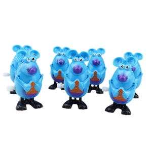 Detail view of six blue wind-up mouse toys with cheese for cats and pets