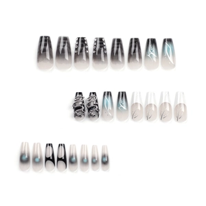 Black gradient press-on nails with 3D silver dragon charms and cat-eye finish