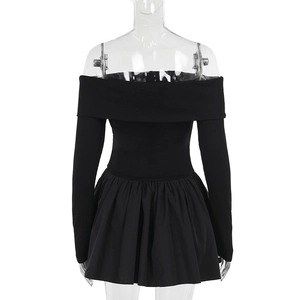 Detail of elegant black off-shoulder long sleeve dress with flared skirt and slim waist