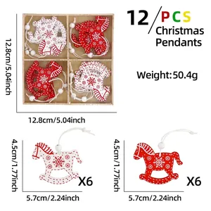 Detailed size specifications for a 12-piece set of wooden Christmas horse ornaments in a box