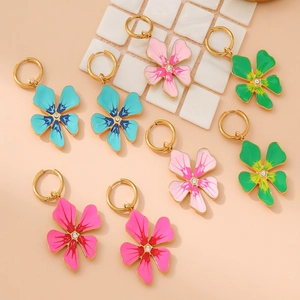 Flower Hoop Earrings For Women Stainless Steel 18K Gold Plated Enamel Rhinestone Five Petal Sweet Fashion Jewelry