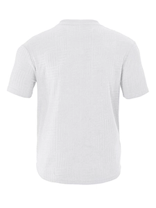 Detailed back view of white short-sleeve polo shirt showing textured jacquard fabric
