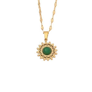 Vintage gold stainless steel necklace with round green natural stone pendant jewelry