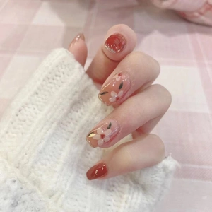 Faux Ongles À Presser Fleurs Courts Ronds Avec Pointes Pailletées Motif Floral Été Douce Couverture Complète Manucure Pour Femmes