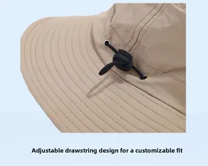 Detail of adjustable elastic drawstring and toggle on quick-dry outdoor sun hat