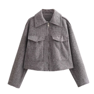 Women's cropped grey tweed jacket with zipper closure shown in a flat lay professional view