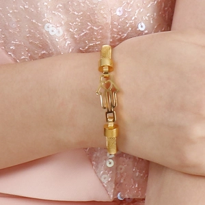 Gold Hamsa Hand mesh bracelet for women with heart cutout charm and woven metal strap
