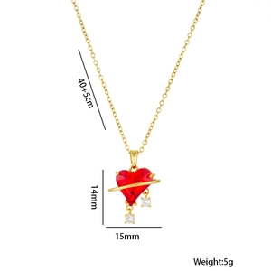 Titanium steel necklace with a red heart pendant and cubic zirconia stones in gold finish
