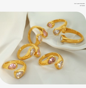 Detailed close-up of 18k gold-plated open ring featuring pink and white teardrop zircons