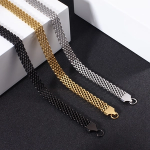 Mesh woven stainless steel necklaces in black, gold and silver finishes on geometric background