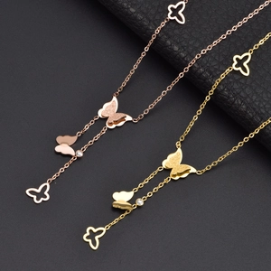 Butterfly Pendant Tassel Y-Necklace Stainless Steel Rhinestone Hollow Out Frosted Elegant Fashion Jewelry For Women