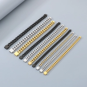 Men's polished stainless steel Cuban link bracelets in gold, silver, and black finishes