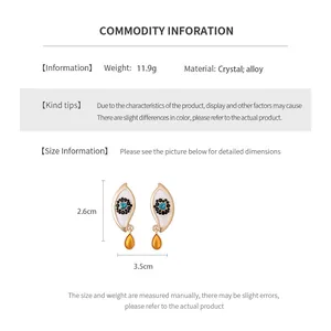 Size chart showing 2.6cm vintage evil eye drop earrings with crystal and alloy specs