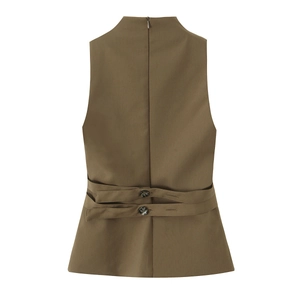 Brown boat neck sleeveless vest top with adjustable back buckle strap on white background