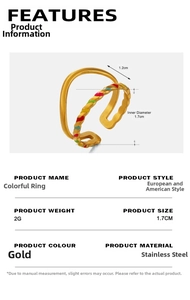 Detailed specs of golden stainless steel open ring with colorful enamel inlay accents