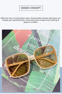 Detail of square beige sunglasses with gold metal trim and light tea lenses on a magazine