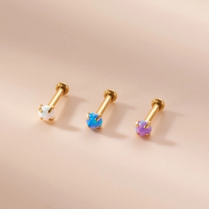 16G stainless steel labret studs with 3mm opal stones in white, blue and purple