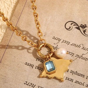Pendant Necklace Stainless Steel 18K Gold Plated Blue Gemstone Artificial Pearl Irregular Star O Chain Fashion Women Jewelry