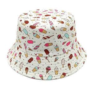 White bucket hat with colorful ice cream print made of breathable cotton for sun protection