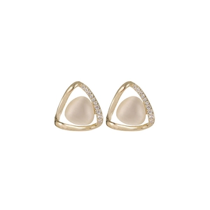 Elegant gold triangular studs with cat eye stones and sparkling zircon pavé detail