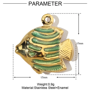 Detailed parameter view of 17mm gold stainless steel fish pendant with green enamel