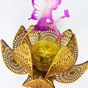 Solar powered metal moon wind chime with golden lotus flower and crackle glass ball