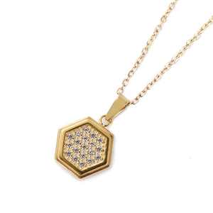 Luxurious hexagonal zircon pendant necklace with gold plated stainless steel cable chain