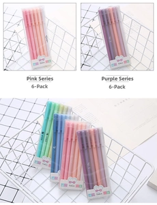 Detailed close-up of 6-piece Morandi gel pen sets in pink, purple, blue and green cases