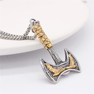 Nordic Viking double-headed axe pendant necklace in silver and gold tone steel