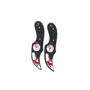 Detailed view of acrylic Halloween charms featuring bloody knife and dagger designs with holes