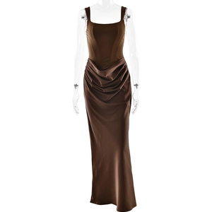 Sleepless dark brown maxi dress with corset bodice and ruched satin draped skirt