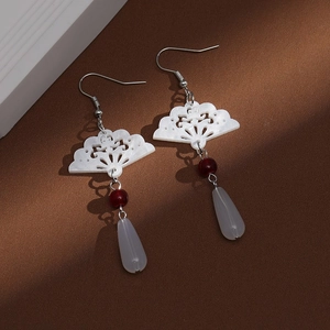 New Chinese style fan pearl tassel earrings with white hollow design and red bead accent