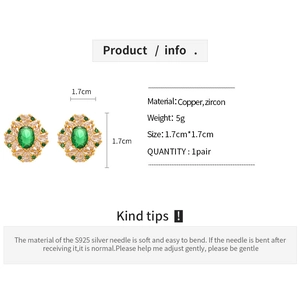 Detail view showing product specifications for vintage gold earrings with green zircon