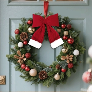 Christmas wreath with red velvet bow and festive ornaments on light blue door