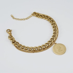 Detail of 18K gold stainless steel layered Cuban chain with Queen Elizabeth II coin charm