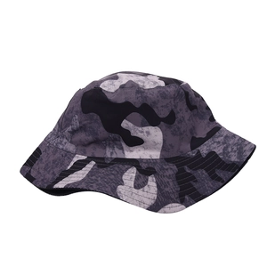 Flat top bucket hat featuring a grey and black ink print camouflage pattern