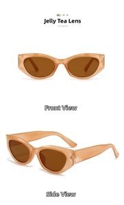 Front and side views of vintage jelly tea cat eye sunglasses with dark brown lenses