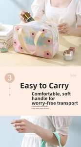 Detail of soft leather handle on semi-transparent PVC cosmetic bag with pink floral print