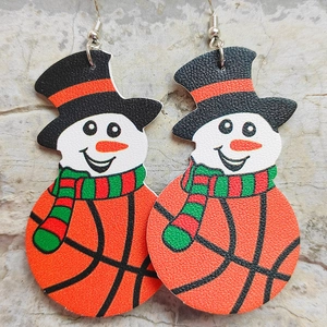 Christmas snowman leather drop earrings featuring orange basketball pattern for sports fans