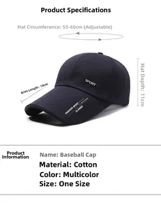 Vue détaillée des dimensions de la casquette en coton réglable avec visière de 10cm