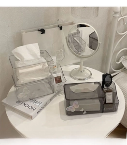 Detail of transparent acrylic tissue box with 3D butterfly and storage compartments