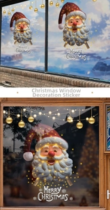 Santa Claus window sticker with glowing lights effect and gold ornaments for holiday decor
