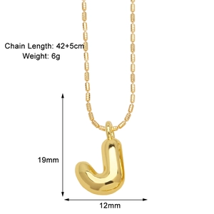 Detail of 3D balloon letter J pendant with polished gold finish and bead chain dimensions