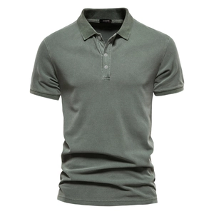 Men Short Sleeve Polo Shirt Pure Cotton Pique Solid Color Casual Lapel Collar Top With Side Slit
